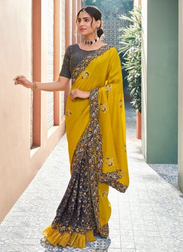 Grey and Yellow Classic Designer Saree in Silk with Embroidered