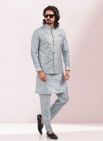 Grey Art Banarasi Silk Embroidered Kurta Payjama With Jacket