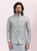 Grey Art Banarasi Silk Embroidered Kurta Payjama With Jacket - 3