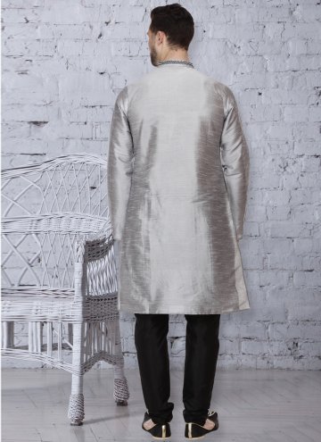 Grey Art Dupion Silk Embroidered Kurta Pyjama for Ceremonial