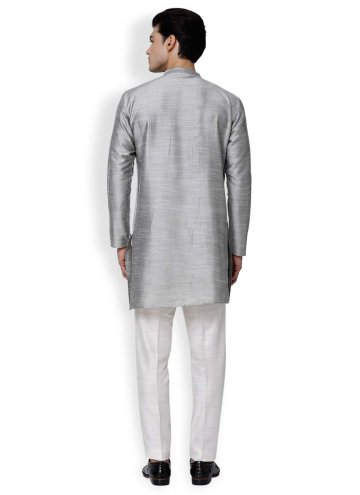 Grey Art Dupion Silk Plain Work Kurta Pyjama for Ceremonial