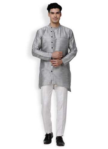 Grey Art Dupion Silk Plain Work Kurta Pyjama for C