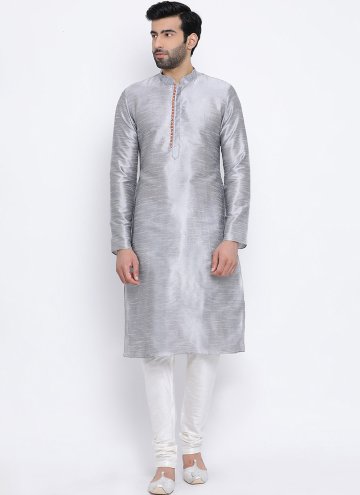 Grey Art Dupion Silk Plain Work Kurta Pyjama for Engagement