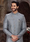 Grey Banarasi Jacquard Embroidered Indo Western - 1