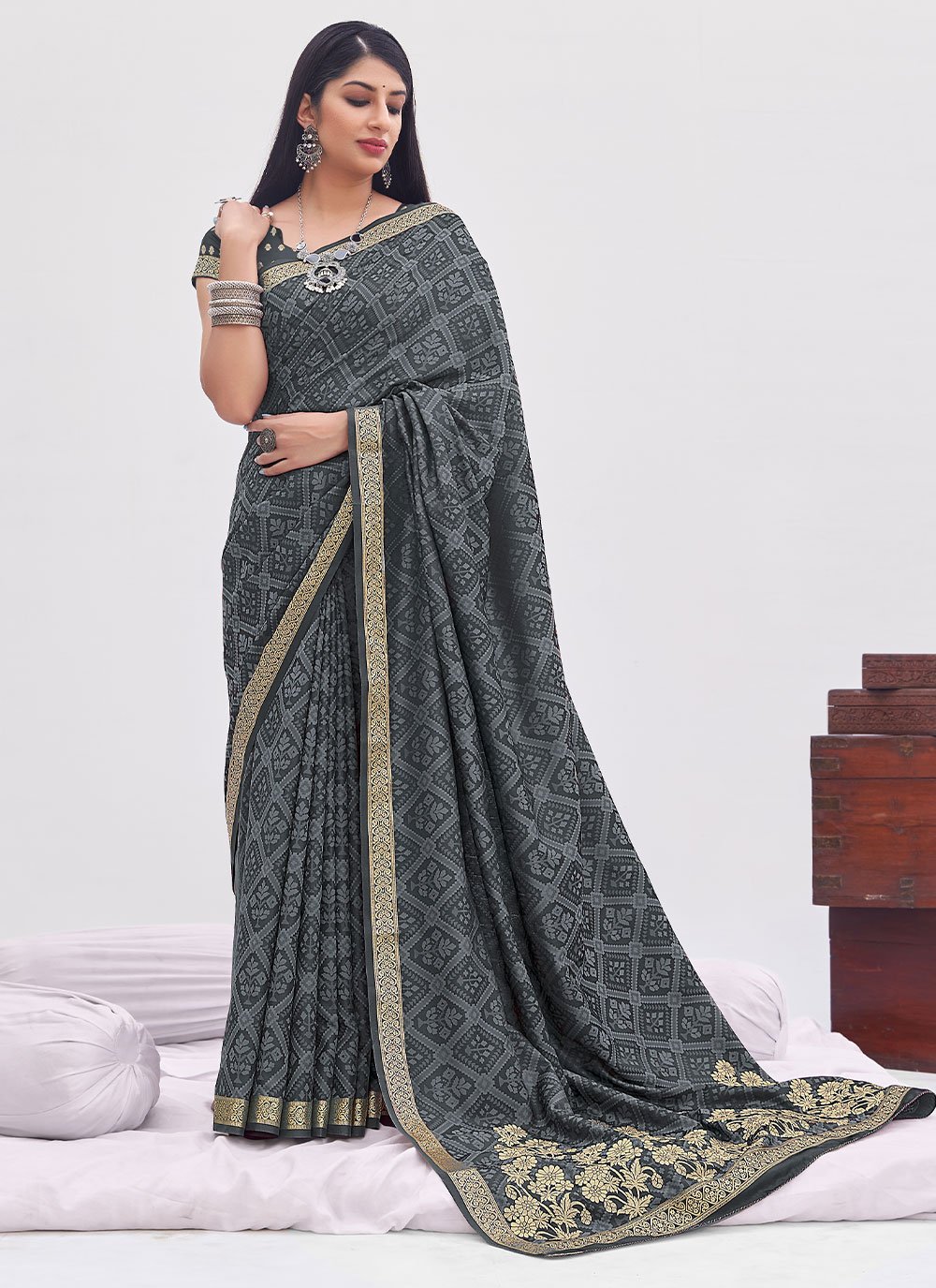 Grey Banarasi Woven Classic Designer Saree