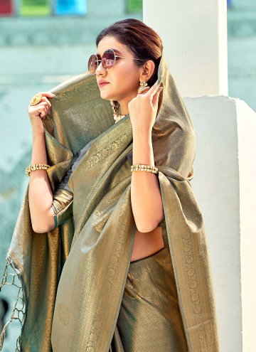 Grey Classic Designer Saree in Kanjivaram Silk with Woven