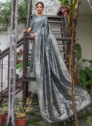 Grey Classic Designer Saree in Tussar Silk with Wo