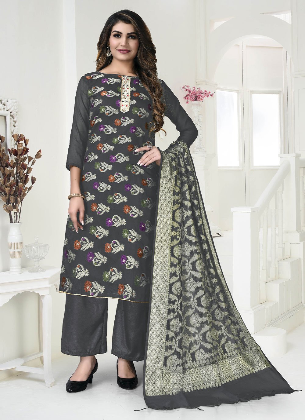 Grey color Banarasi Jacquard Straight Salwar Suit with Woven