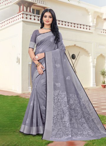 Grey color Cotton  Trendy Saree with Resham Work