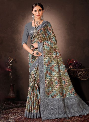 Grey color Digital Print Chanderi Silk Trendy Saree