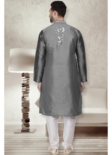 Grey color Embroidered Art Dupion Silk Kurta Pyjama