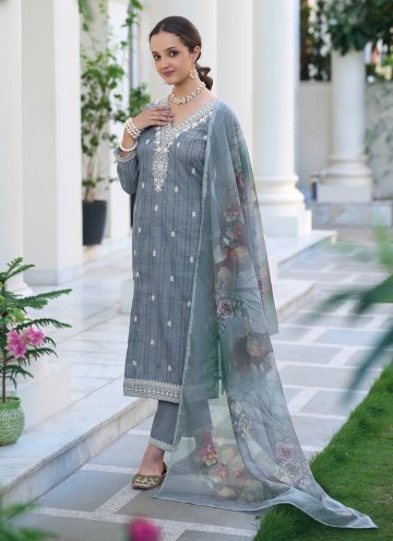 Grey color Embroidered Cotton Silk Straight Salwar