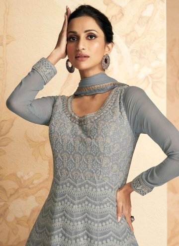 Grey color Embroidered Georgette Readymade Designer Gown