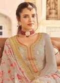 Grey color Embroidered Jacquard Palazzo Suit - 1