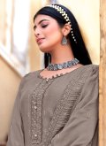 Grey color Embroidered Muslin Designer Pakistani Salwar Suit - 1