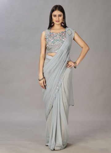Grey color Embroidered Shimmer Georgette Contemporary Saree