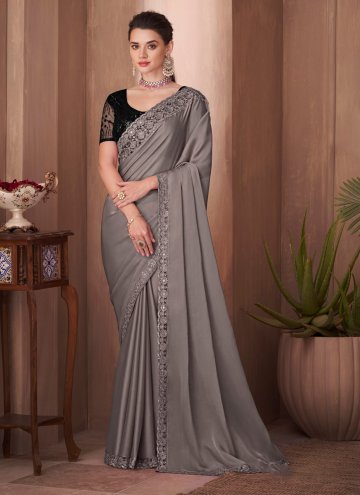 Grey color Embroidered Silk Designer Saree