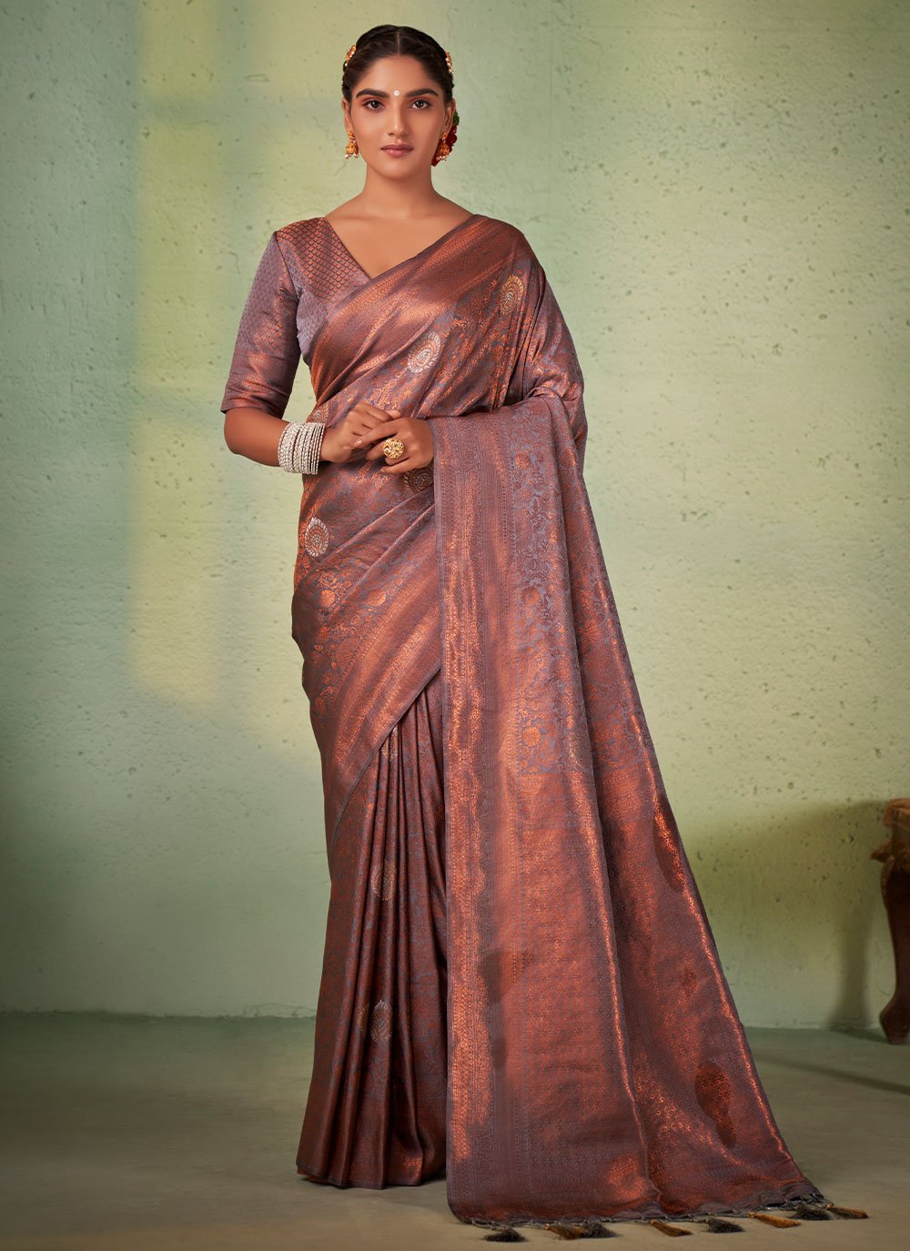 Grey color Georgette Designer Saree with Woven