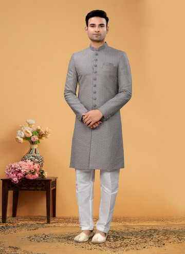 Grey color Hand Work Fancy Fabric Indo Western Sherwani