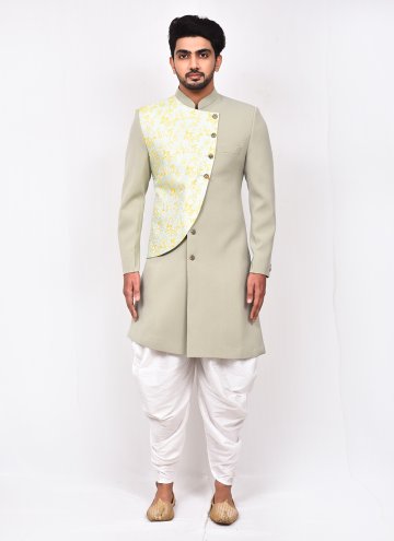 Grey color Jacquard Indo Western Sherwani with But