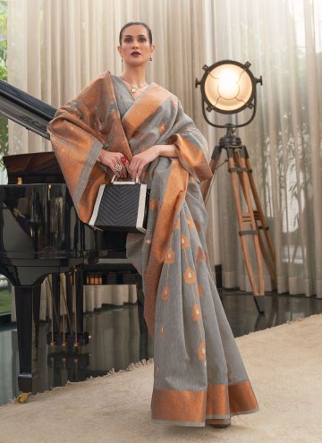Grey color Linen Contemporary Saree with Woven