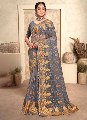 Grey color Net Classic Designer Saree with Embroid