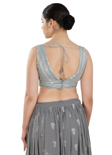 Grey color Net Designer Blouse with Embroidered