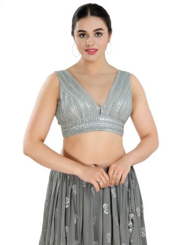 Grey color Net Designer Blouse with Embroidered