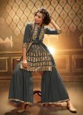 Grey color Net Palazzo Suit with Sequins Work - 1
