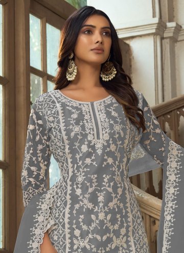 Grey color Net Salwar Suit with Embroidered