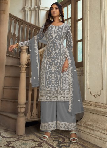 Grey color Net Salwar Suit with Embroidered
