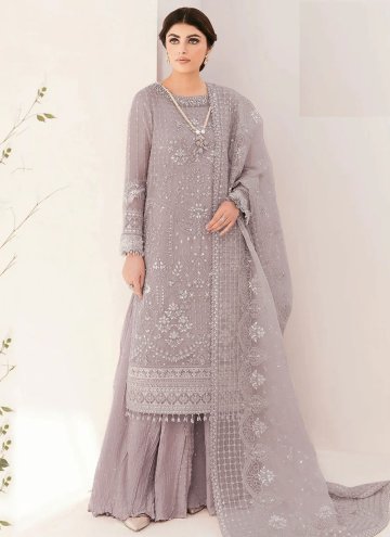Grey color Organza Salwar Suit with Embroidered