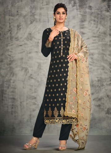 Grey color Organza Straight Salwar Suit with Hand 
