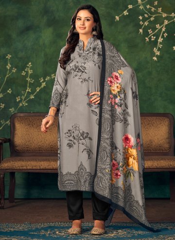 Grey color Pashmina Designer Salwar Kameez with Di