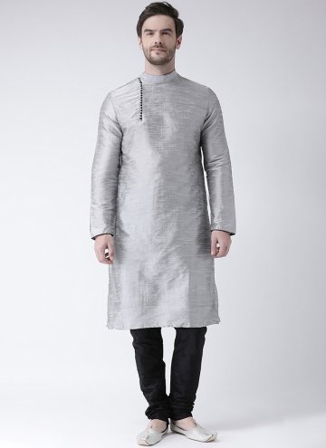 Grey color Plain Work Art Dupion Silk Kurta Pyjama