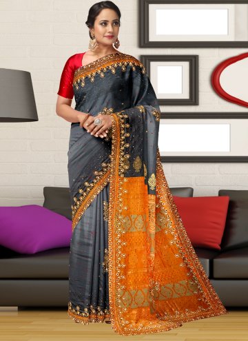 Grey color Satin Silk Designer Saree with Hand Wor