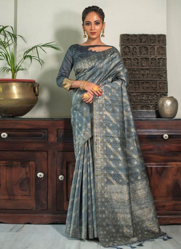 Grey color Tussar Silk Contemporary Saree with Wov