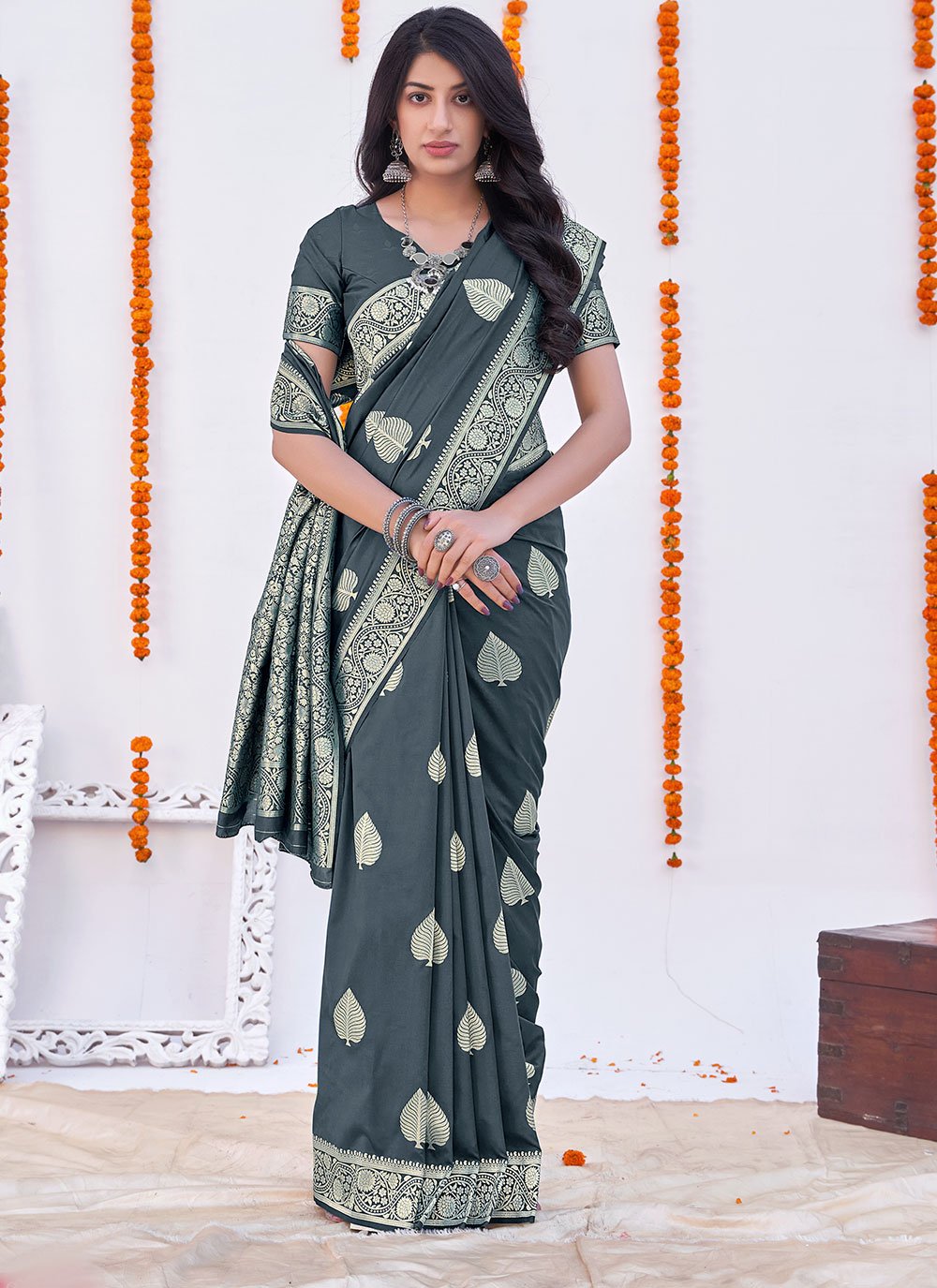 Grey color Woven Banarasi Classic Designer Saree