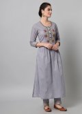 Grey Cotton  Embroidered Pant Style Suit - 3