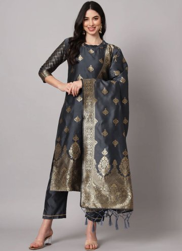 Grey Cotton Silk Jacquard Work Salwar Suit for Fes