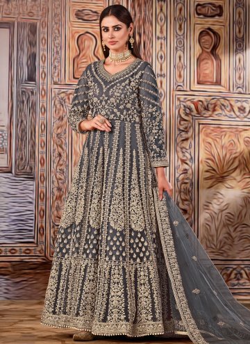 Grey Designer Anarkali Salwar Kameez in Net with Embroidered
