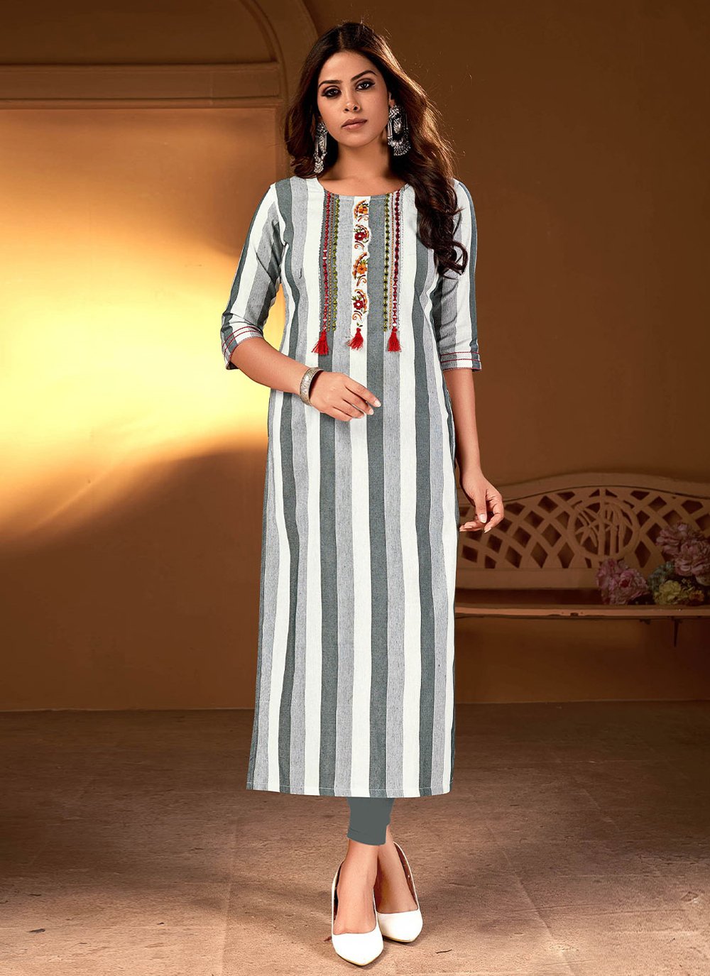 Grey Designer Kurti in Cotton  with Embroidered