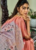 Grey Designer Saree in Handloom Silk with Floral Print - 1
