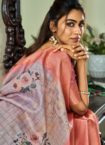 Grey Designer Saree in Handloom Silk with Floral Print