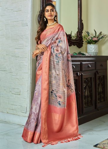 Grey Designer Saree in Handloom Silk with Floral Print