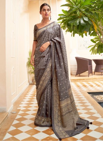Grey Designer Saree in Khadi with Print