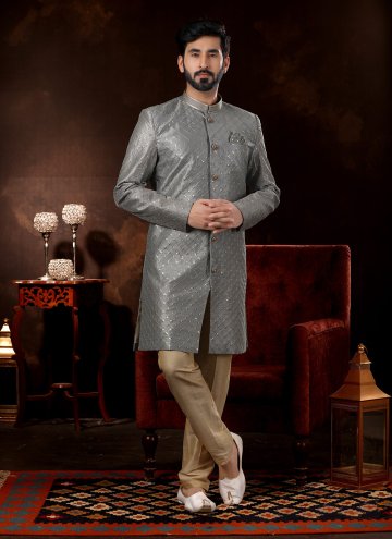 Grey Fancy Fabric Embroidered Sherwani for Ceremonial