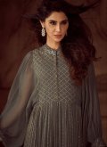 Grey Faux Georgette Embroidered Gown - 1
