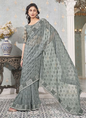 Grey Faux Georgette Embroidered Trendy Saree for Ceremonial