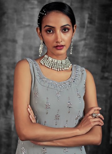 Grey Georgette Mirror Work Palazzo Suit for Engagement